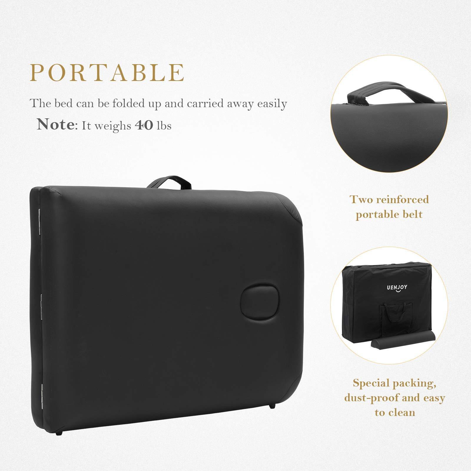 Infun Uenjoy Massage Table 84'' Professional Folding Massage Bed Deluxe Model with Extra Width, Ultra-thick Sponge, PU Leather Surface & Additional Accessories, 2 Fold, Black