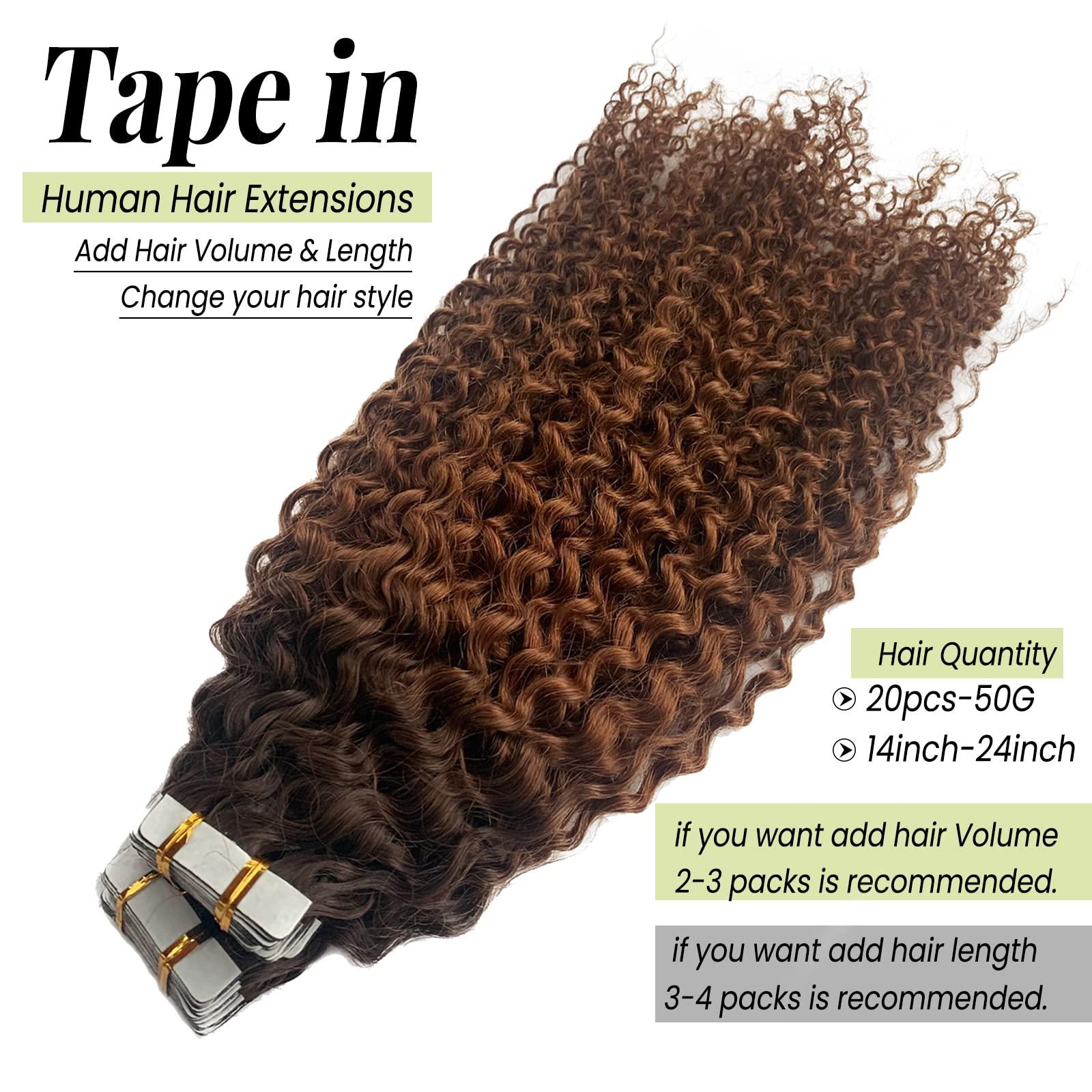 Valiilo Remy Tape in Extensions Curly Human Hair Extensions 20 Pieces 50 Gram for Women, Jerry Curly Tape in Human Hair Extensions Real Human Hair Brown to Medium Auburn Tape on Extensions 24 Inch