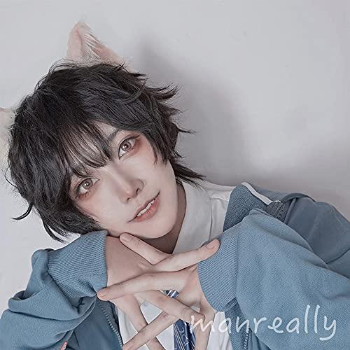 Lmaray 12.6 Inch Natural Black Wig Japanese Style Harajuku Male Short Wigs Boys Curly Hair Fluffy Wig Cosplay Wigs Brother Handsome Guy Wig, Heat Resistant Synthetic Fiber, Wig Cap Included, No Headwears