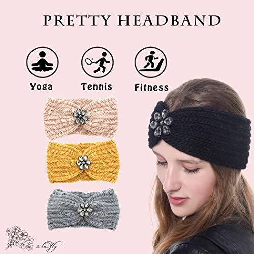 Blufly Blufly Cable Knitted Applique Headband Ear Warmer Crystal Flower Acrylic Fibres Hair Wraps Criss Cross Hairband Crochet Gatsby Turban Winter Head Wraps Head Warmer for Women and Girls (Pack of 3)