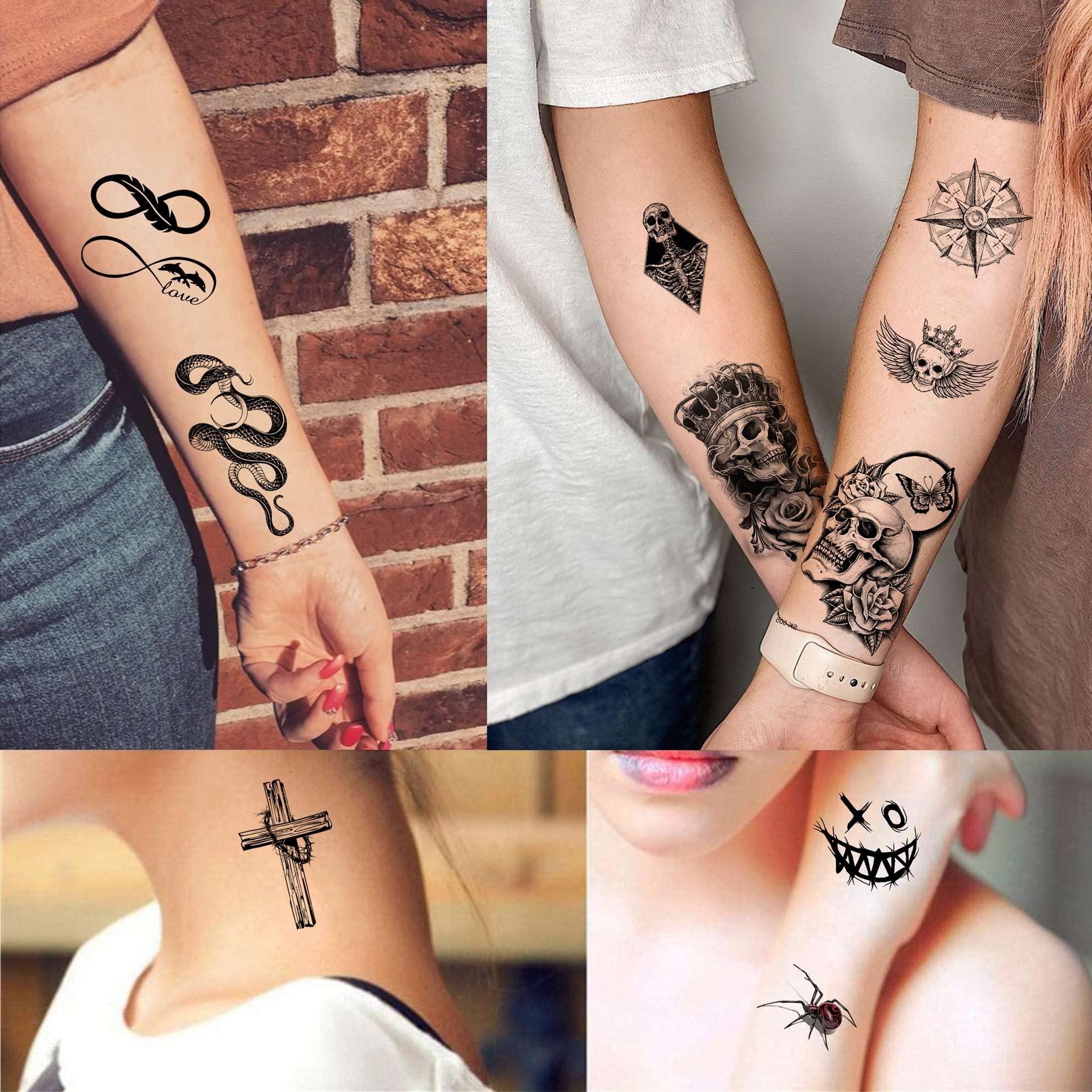 Bilizar Bilizar 48 Sheets 3D Small Temporary Tattoos For Kids Women Neck Girls Arm Boys, Temp Tiny Halloween Tattoo Stickers Men Spider Cross Scorpion Snake Tiger Lion, Flower Ghost Skull Fake Tatoos Acnhor