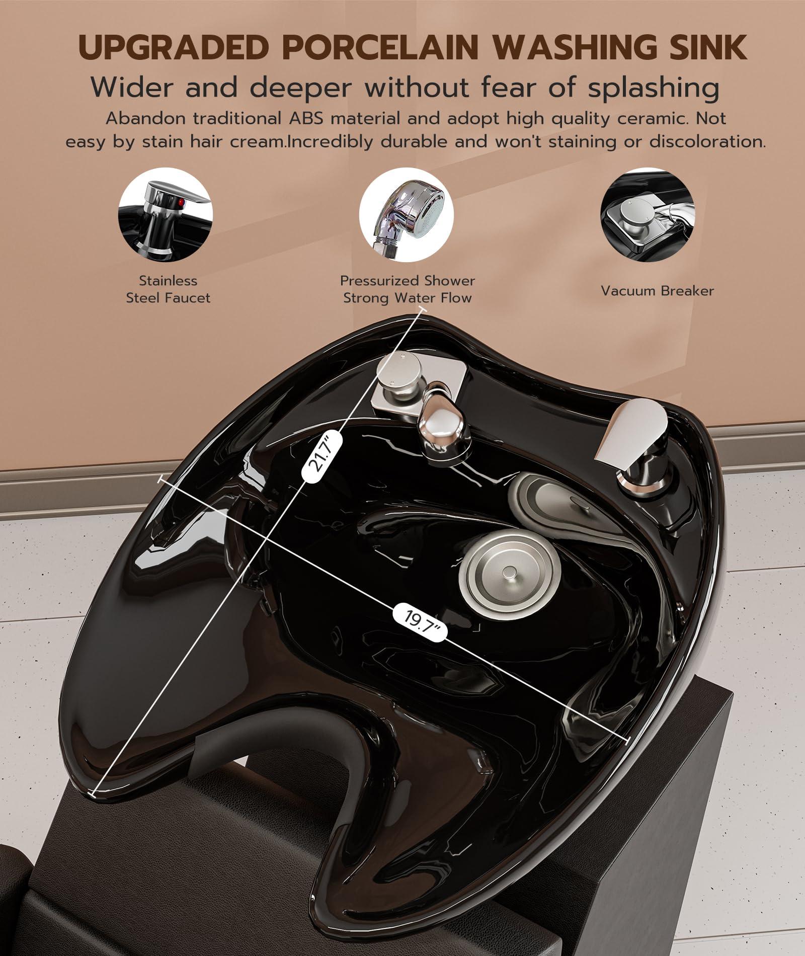 Icoget Icoget Shampoo Bowl and Chair Set for Salon, Hair Washing Station w/Reclining Legrest & Tilting Deep Porcelain Sink, Backwash Barber Shampoo Equipment for Beauty Spa Barbershop, Black