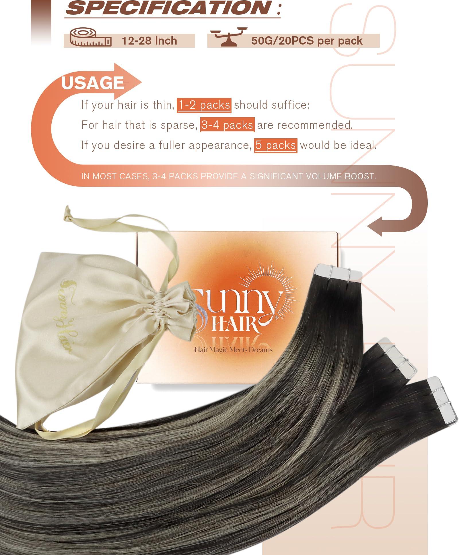 Sunny Hair Sunny Hair Extensions Real Human Hair Tape in Black Ombre Tape in Hair Extensions Human Hair Black Roots to Silver Grey Balayage Tape in Extensions Straight Hair Extension Black Ombre 20pcs 50g 20inch