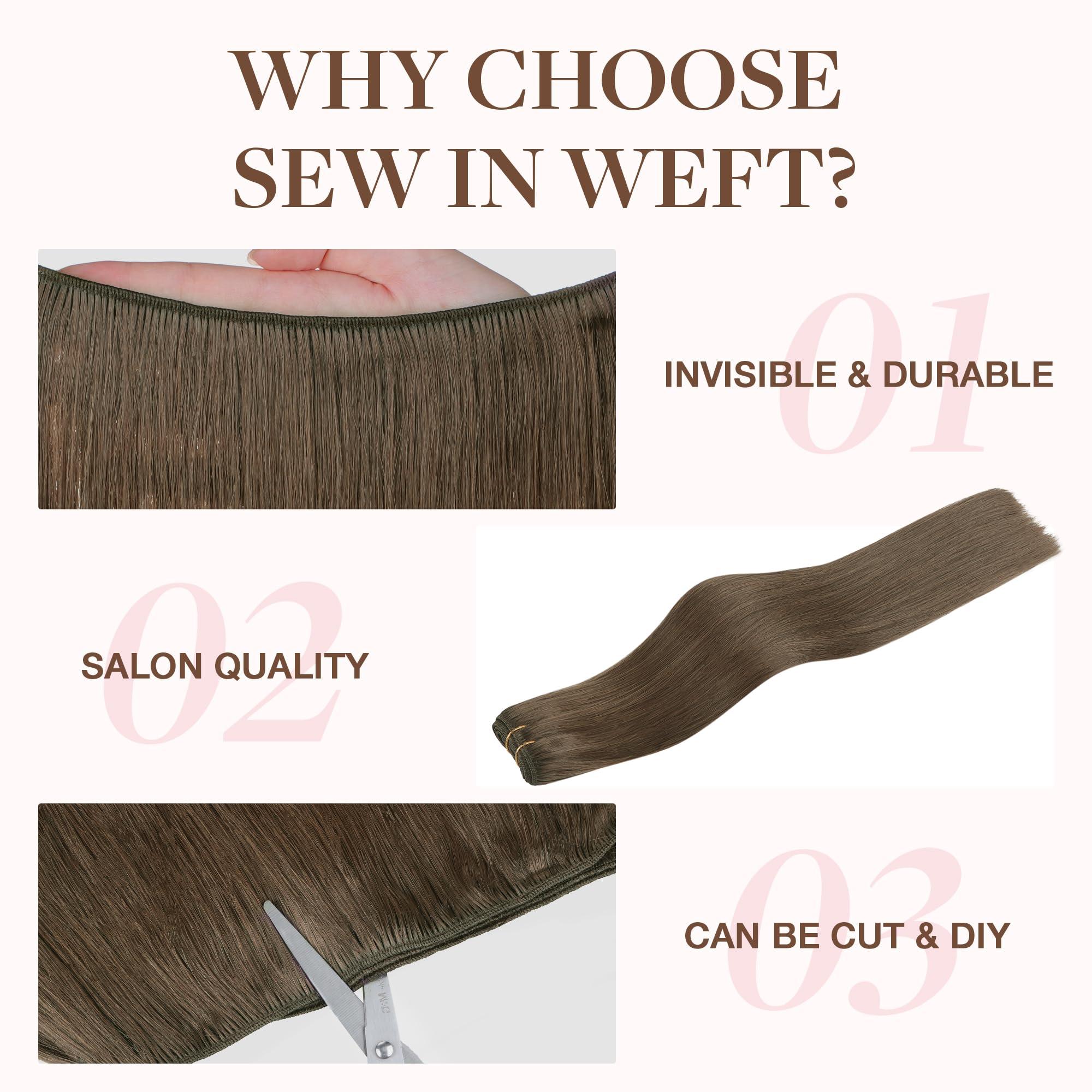 GOO GOO GOO GOO Sew in Hair Extensions Real Human Hair, Weft Hair Extensions Human Hair, 5 Light Ash Brown 22 Inch-110g, Weft Bundles Straight Silky Remy Hair