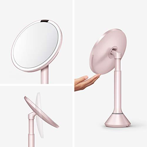 simplehuman simplehuman,Tabletop Mount 8" Round Sensor Makeup Mirror with Touch-Control Dual Light Settings, 5x Magnification, Rechargeable and Cordless, Pink Stainless Steel