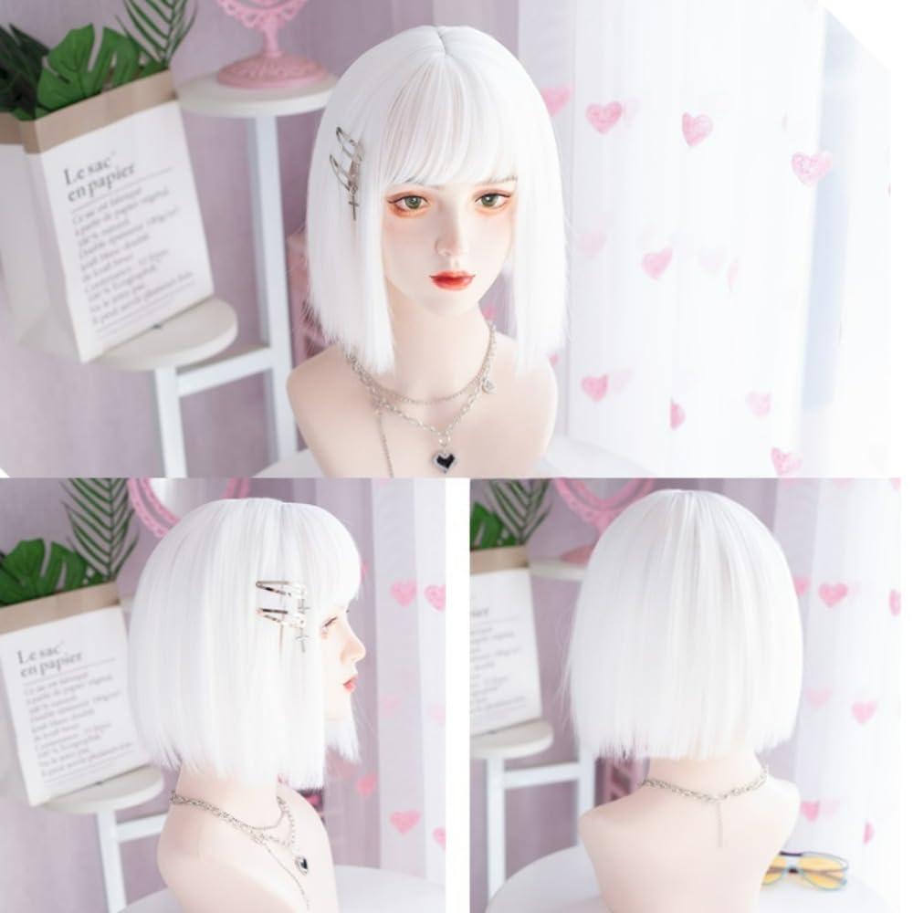 SCORRO White Wig - Cyberpunk Sci-fi Goth Style Synthetic Hair Wigs with Bangs for Women, Long Wavy Wig, Long Straight Wig, Short Bob Wig Options Available (12\" white straight wig)