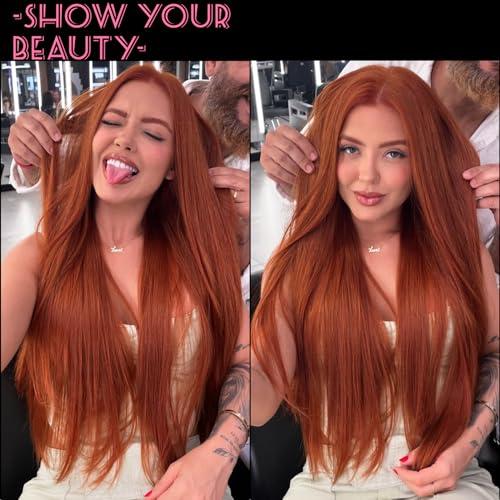 MURAME MURAME 26Inch Lace Front Ginger Wig,Pre-Plucked 13x4x1 Synthetic HD Lace Front Wigs for Women Long Straight Glueless Ready to Wear Wig Orange Ginger Wig