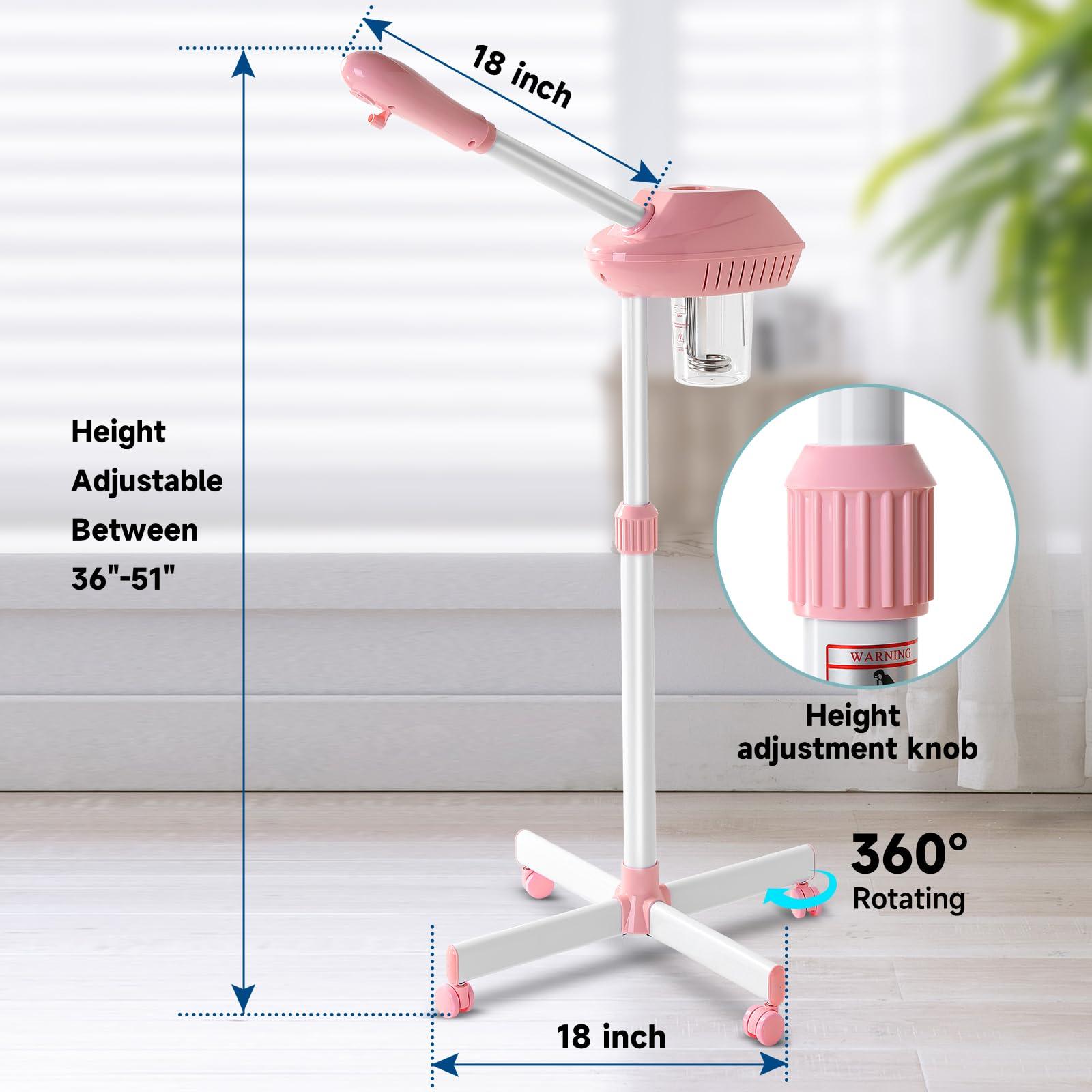 Niuadage Professional Facial Steamer, Facial Steamer on Wheels, Ozone Facial Steamer, Standing Face Steamer, SPA Facial Steamer for Salon and at Home Use, Touch Control, Timing Function, Pink