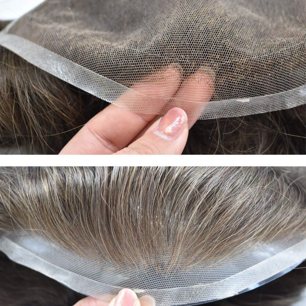 DR HAIR Swiss Lace Toupee for Men Real Human Hair Pieces Lace Front Mens Toupee Hair Replacement System Hairpiece Bleached Knot Natural Hairline #620 Light Brown+20% Gray8\'\'X10\'\' 100% density