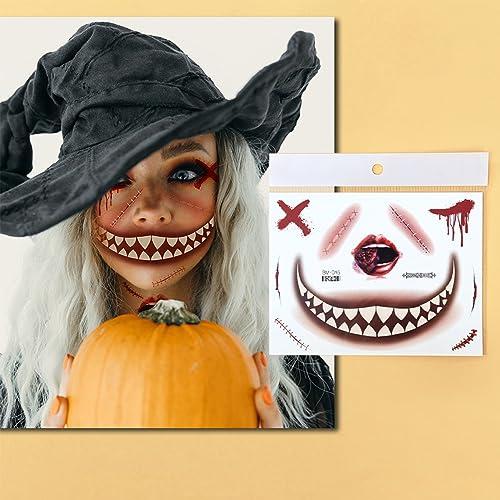 BWDCQMX Halloween Clown Horror Mouth Tattoo 3D Fake Scars Tattoo Temporary Scary Big Mouth Face Tattoos Decals Kits Prank Props for Halloween Cosplay Party Decorations