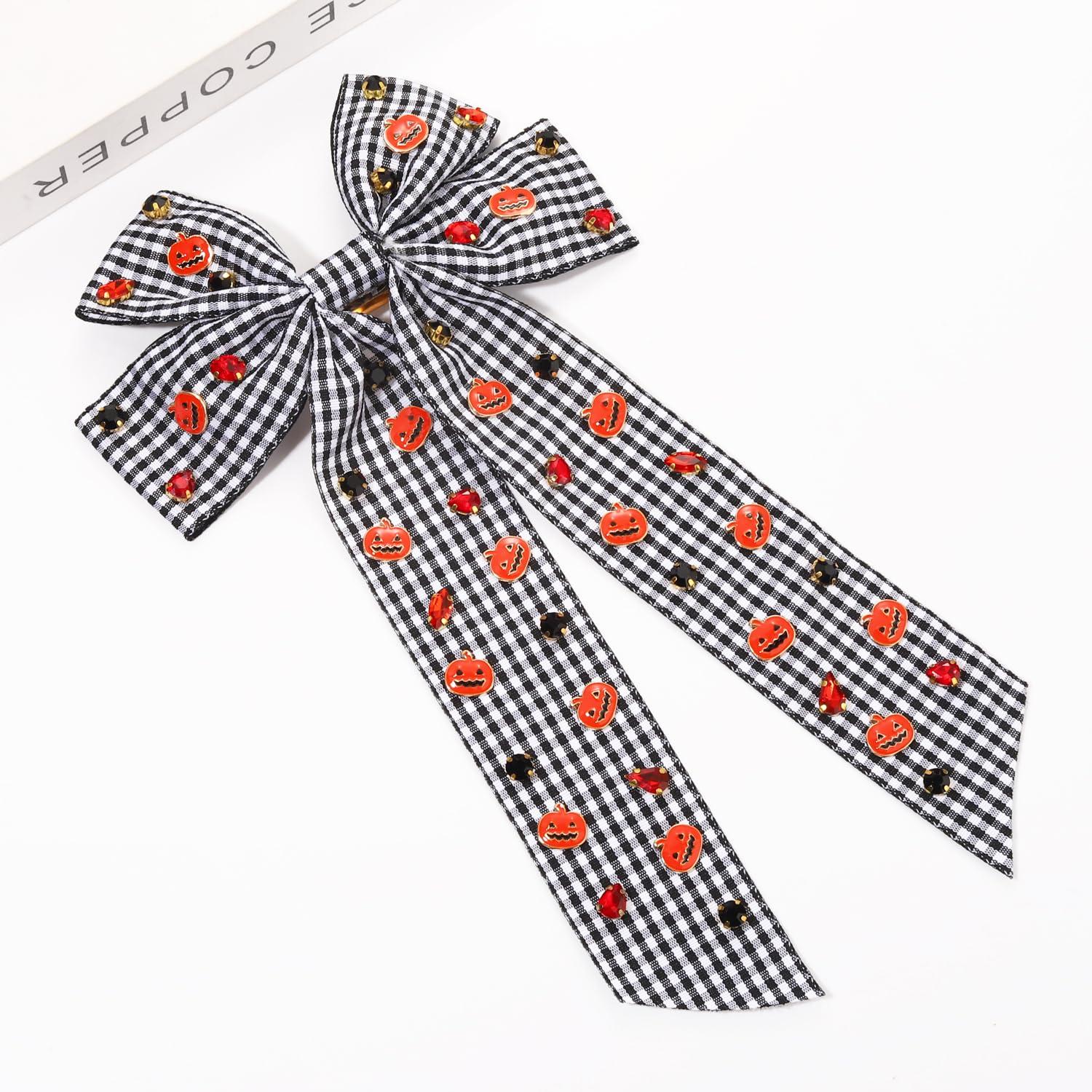 YAHPERN Halloween Hair Bows for Women Spooky Pumpkin Hair Bow Clips Jeweled Large Hair Bows Silky Satin Black Hair Ribbons Halloween Hair Clips Halloween Accessories Costume Outfits