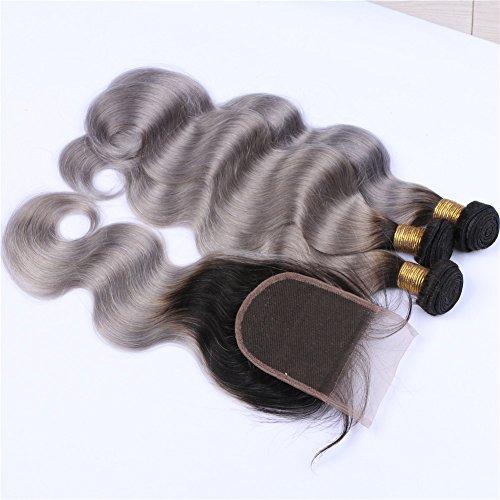 Tony beauty hair Tony Beauty Hair Silver Grey Ombre Brazilian Human Hair Wefts With Closure Body Wave Dark Roots 1B/Grey Ombre 4x4 Lace Closure With 3 Bundles 4Pcs Lot (24 24 24 with 20)