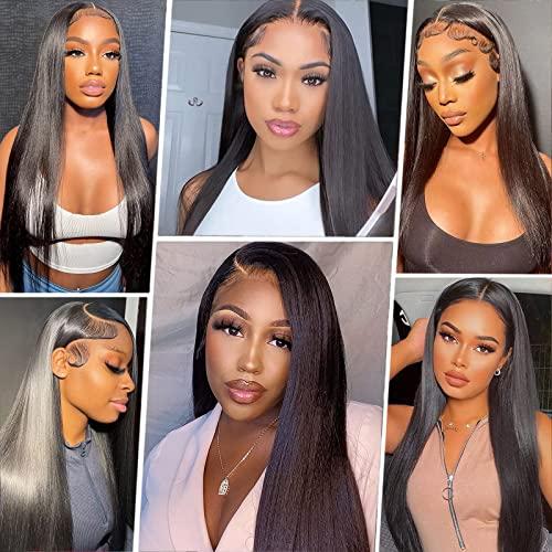 Mango girl Mango girl 13X4 Ear To Ear Lace Frontal Closure Straight Human Hair 100% Remy Brazilian Virgin Hair 150 Density HD Transparent Lace Frontal Closure Human Hair Natural Black Pre-Pulled Baby Hair (20 In