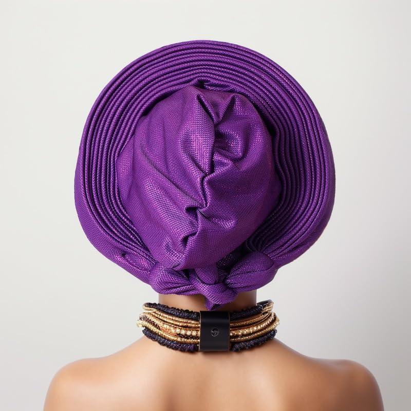 SugeGasa Nigerian Headtie with Stones Female Head Wraps Already Made Auto Gele Head Tie African Turban Cap for Party (Purple)