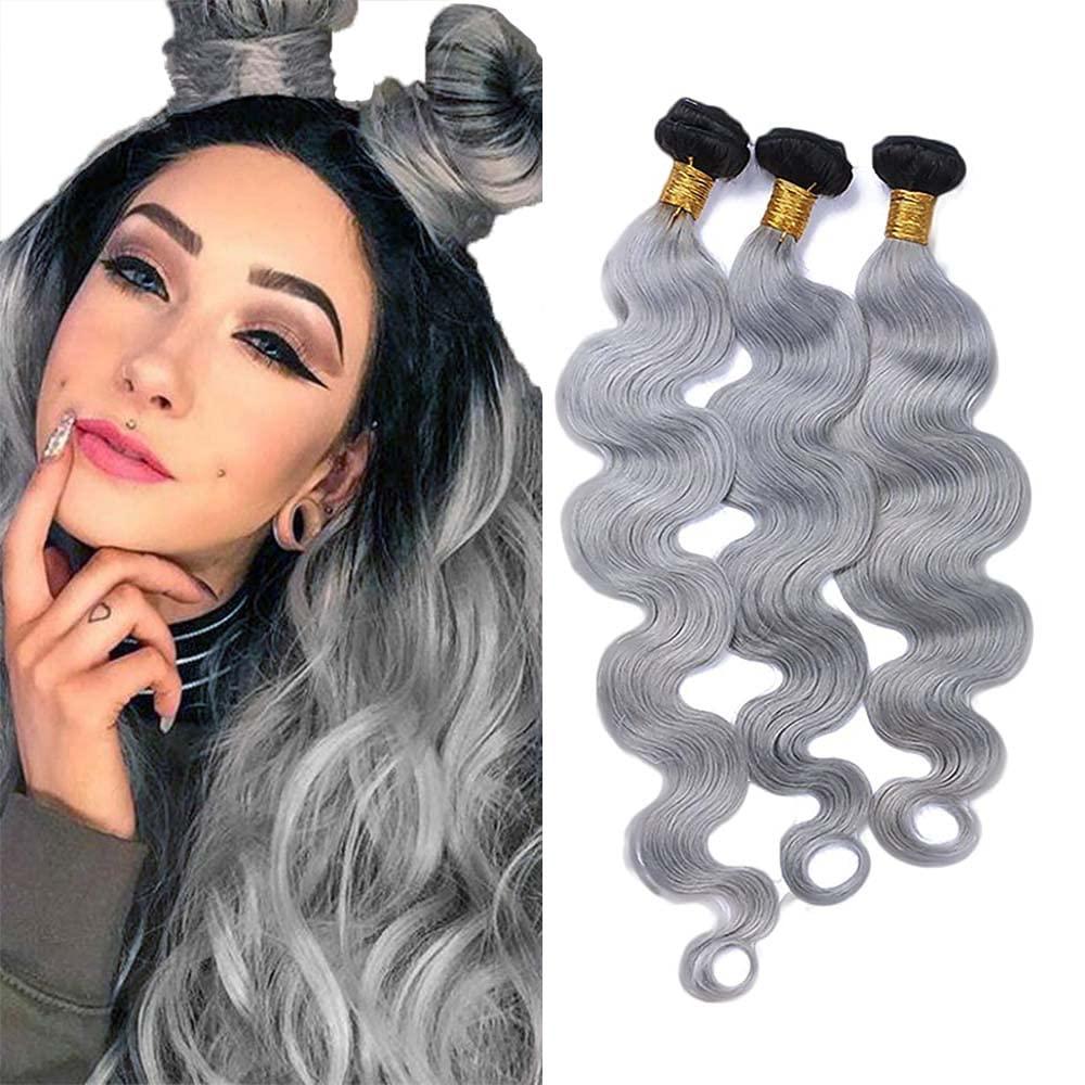 MAMART Ombre Grey Human Hair Body Wave Bundles 1B Grey Bundles Human Hair 22 24 26 inch Black to Grey Double Weft No Tangle Bundles Human Hair Wet And Wavy Grey Body Wave Bundles Human Hiar