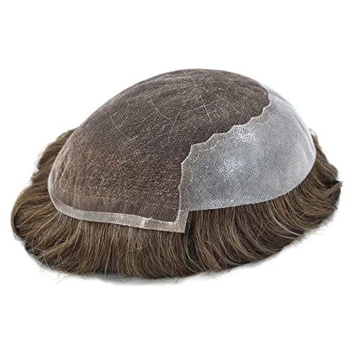 Just Hair Toupee for Men Hair Replacement Systems Swiss Lace Front Mens Toupee Bleached Knot Natural Human Hair Piece (5# Medium Light Brown, 7x9\"-90% Light Density)