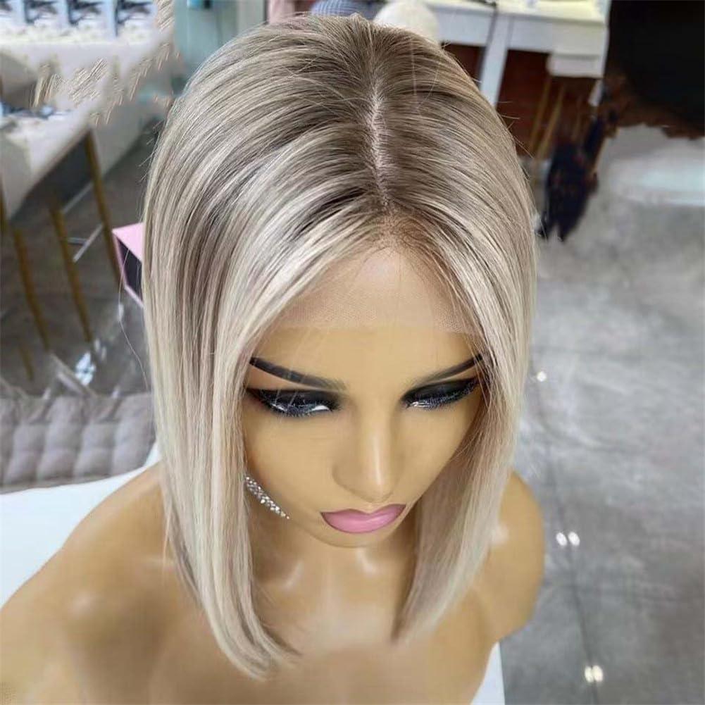 Generic 13X4 Silk Base Lace Front Wig Brown Ash Blonde Highlight Wig Lace Frontal Short Bob Human Hair Wigs For Women Highlight Wig 2 12inches#Silk Top 150 Density