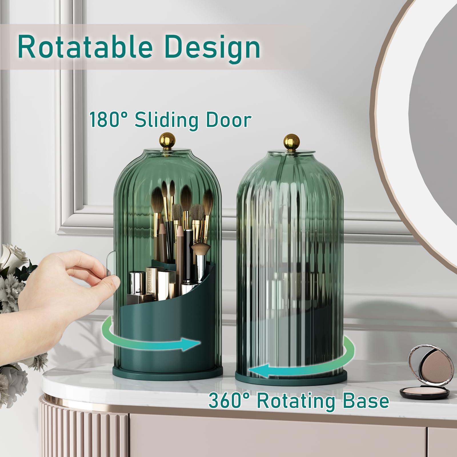 GAXmi GAXmi Makeup Brush Holder with Lid Cosmetic Tools Organizer 360 Rotating Waterproof Dustproof Makeup Brushes Storage for Vanity, All Green