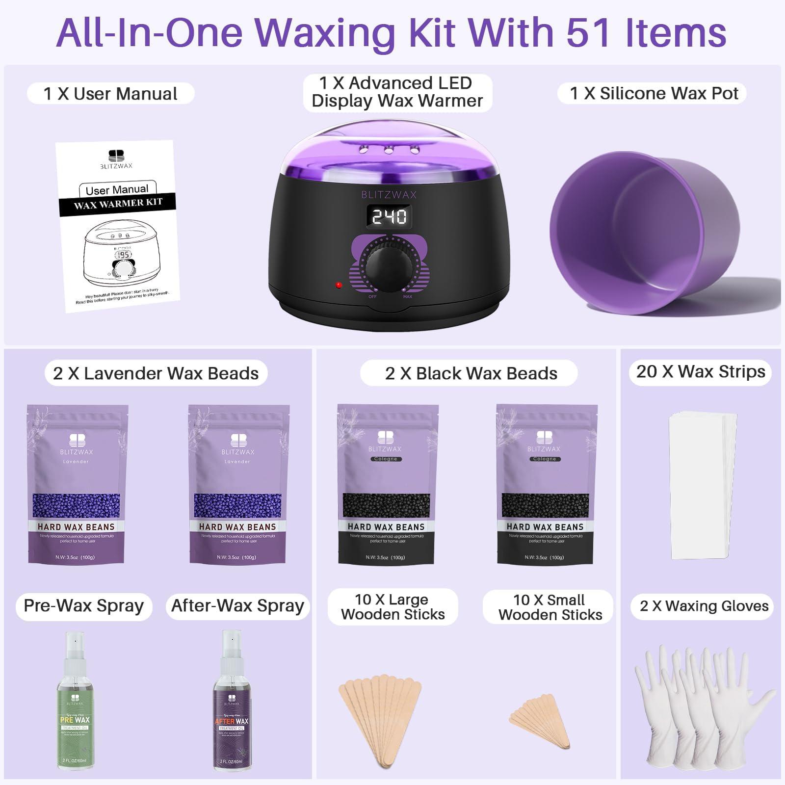 BLITZWAX BLITZWAX Waxing Kit for Women Men Digital Wax Kit Suitable for Sensitive Skin/Brazilian/Full Body/Bikini/Hair Removal Hard Wax Kit with 50 Wax Items for Home, Salon and Beginners