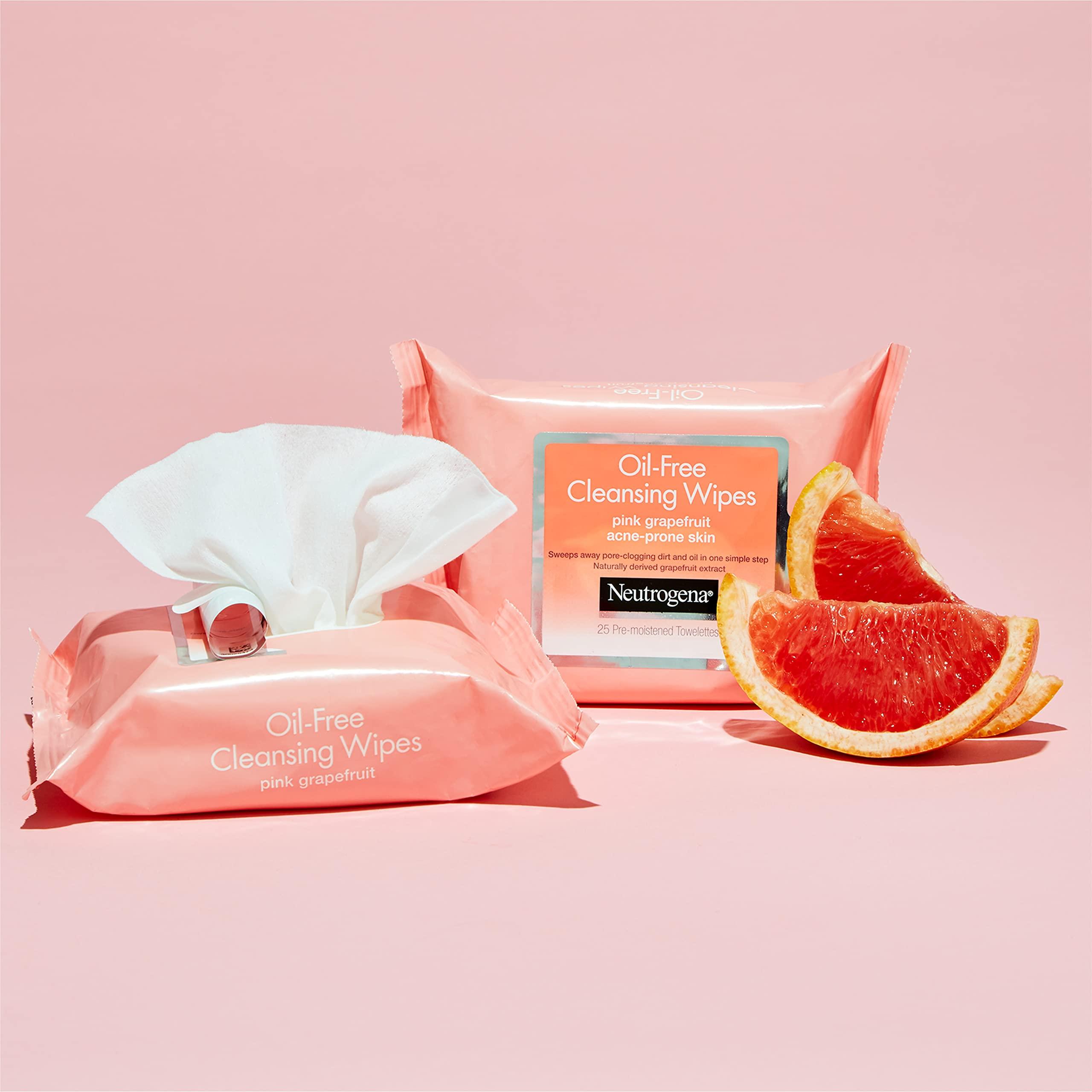 Neutrogena Neutrogena Oil-Free Facial Cleansing Makeup Wipes with Pink Grapefruit, Disposable & Pre-Moistened Daily Acne Face Towelettes to Remove Dirt, Oil & Makeup for Acne Prone Skin, 25 ct