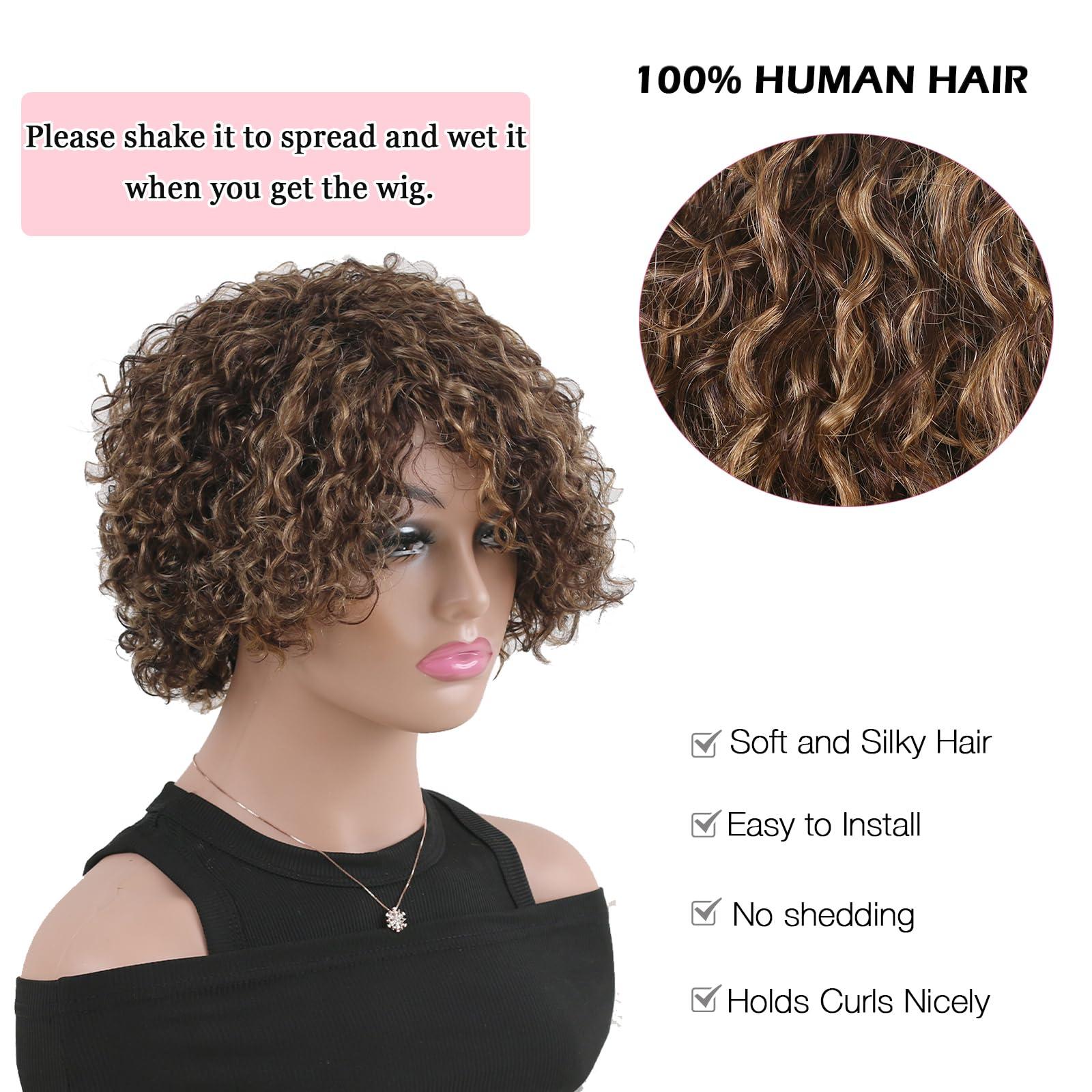 ManeMajesty ManeMajesty 8 Inch Ombre Curly Human Hair Wigs for Black Women Short Kinky Curly Afro Glueless Wig Highlight Brown Mixed Honey Blonde Side Part Jerry Curl Wig -100% Brazilian Human Hair P4/27