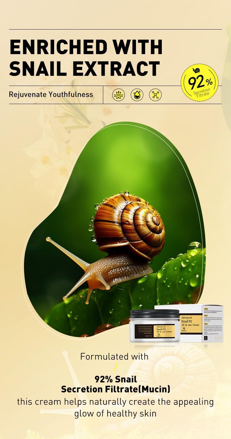 SORYA Advanced Snail Mucin 92% Face Cream Snail Moisturizer Powerful Anti Aging Blemishes for Deep Hydration, Skin Repair, and Wrinkle Reduction