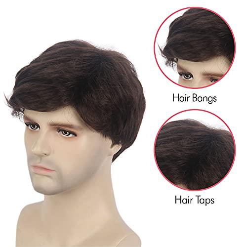 R REEWES FASHION HAIR REEWES Mens Dark Brown Wig Short Men Wig Curly Men's Wig with Side Swept Bangs Natural Synthetic Full Wig for MaleDaily Party Costume Cosplay Wear