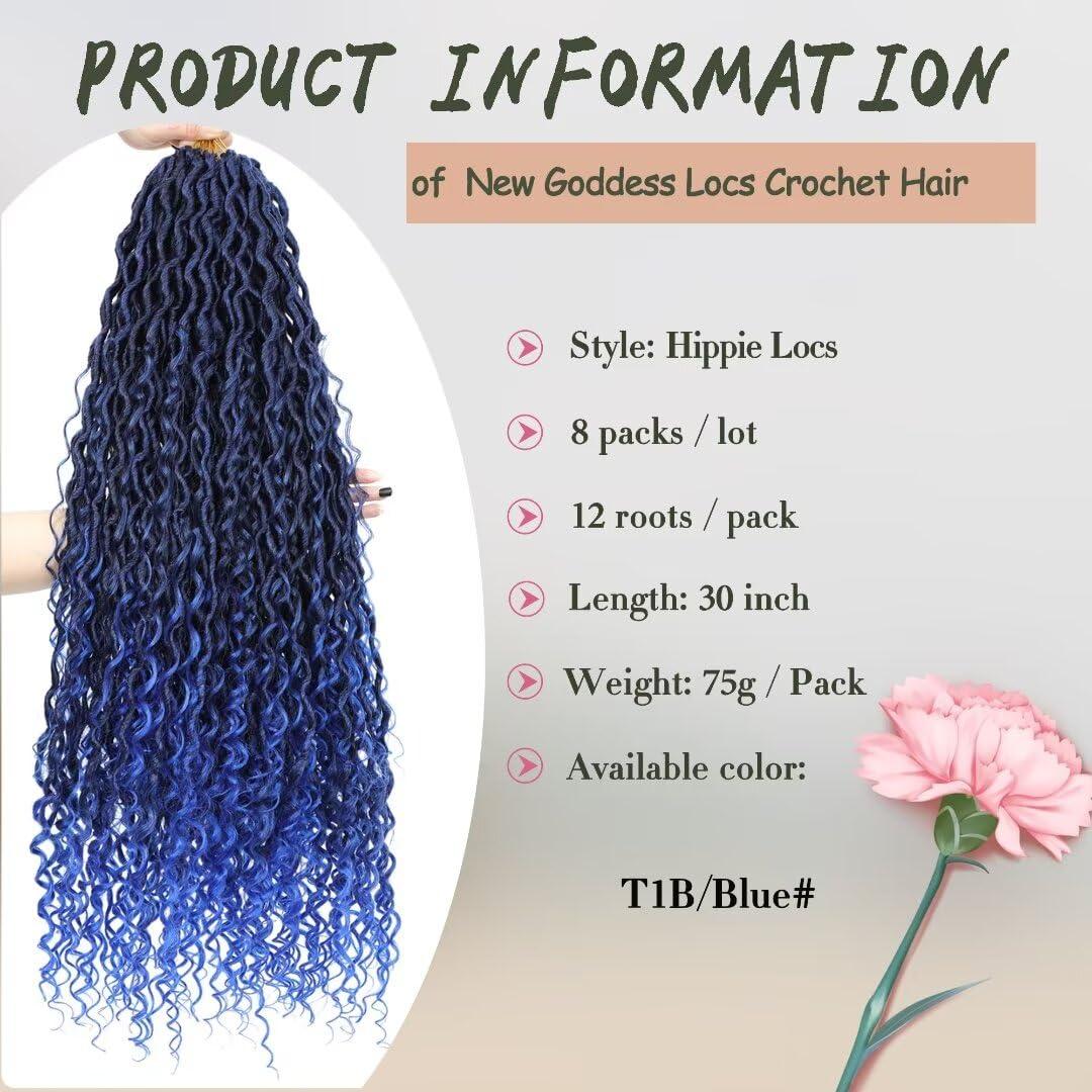 Alimiriam Long Goddess Locs Crochet Hair 8Packs 30inch Ombre Blue River Curls Crochet Hair Boho Faux Locs Wavy Crochet Curly Hair with Curly Ends Synthetic Hair Extensions(30\" 8Packs T1B/blue#)