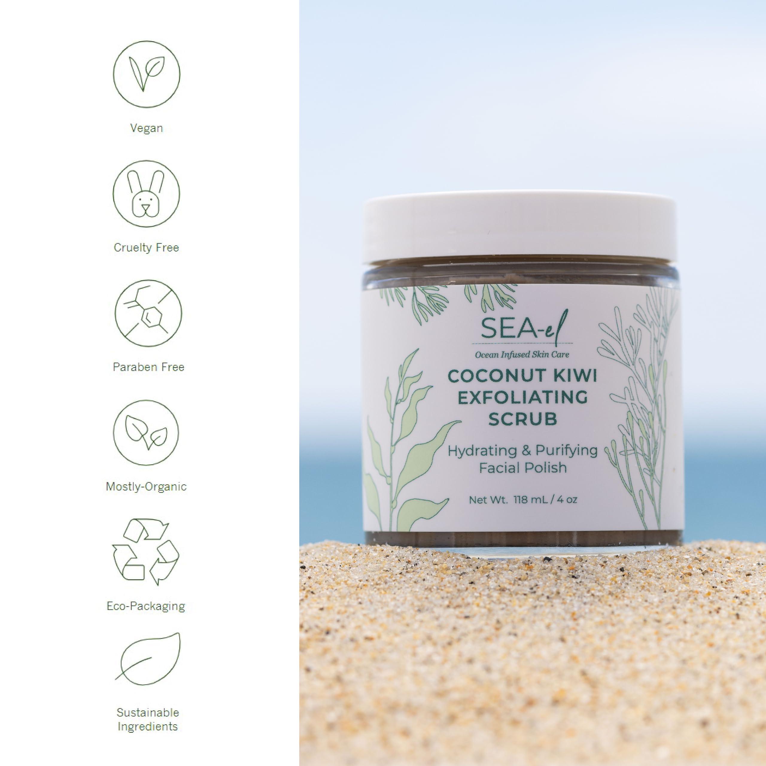 Sea-El Sea El Coconut Kiwi Exfoliating Face Scrub Hydrating Calming & Purifying Anti Aging Exfoliator - Bamboo Pumice & Green Tea Detoxifying Exfoliant Facial Cleanser & Polish for Women & Men - 4 Oz