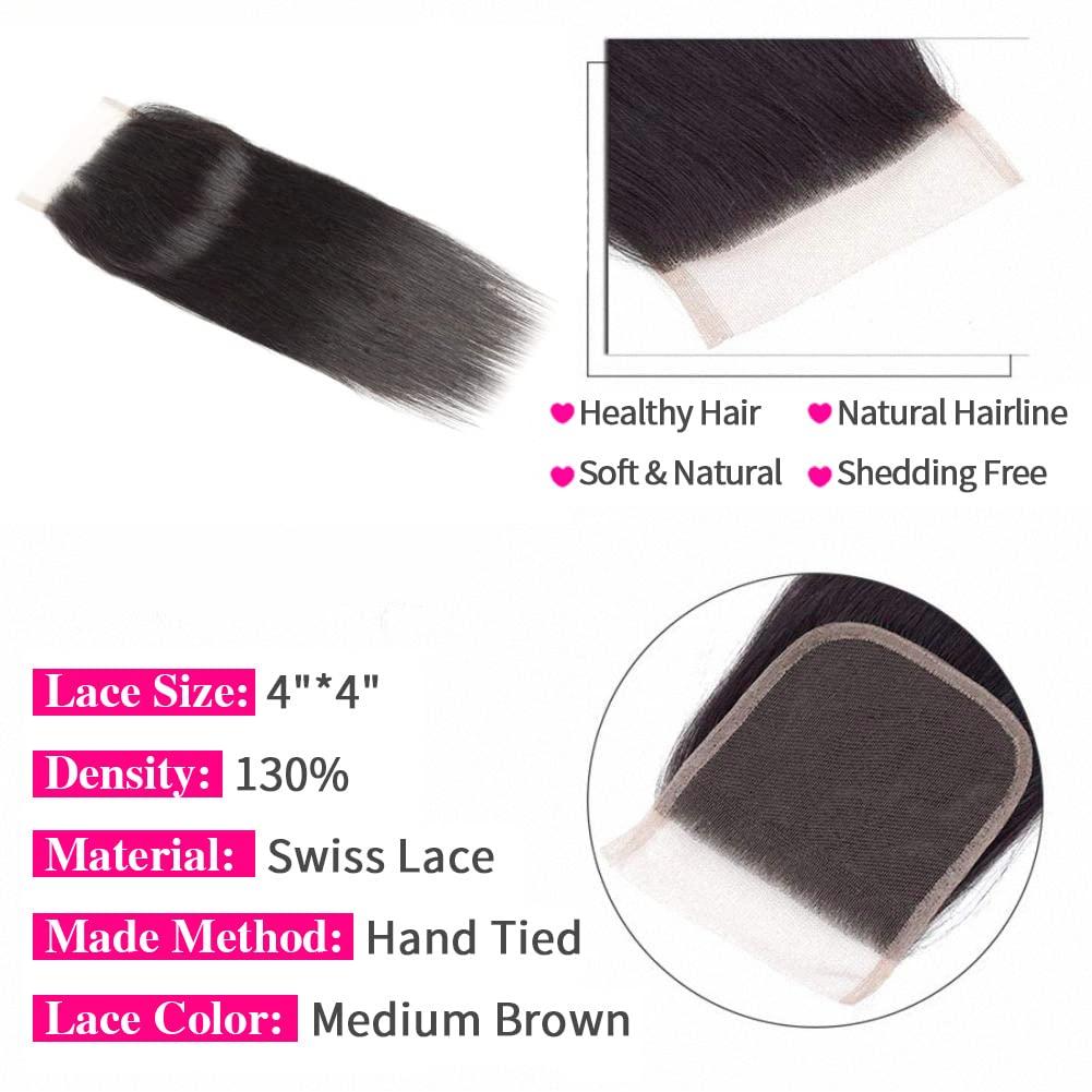 INLUV Straight 4x4 Lace Closure Only Three Part Lace Frontal Closure Unprocessed Brazilian Human Hair Closure HD Transparent Swiss Lace Closure with Baby Hair Natural Black Color (14 inch)