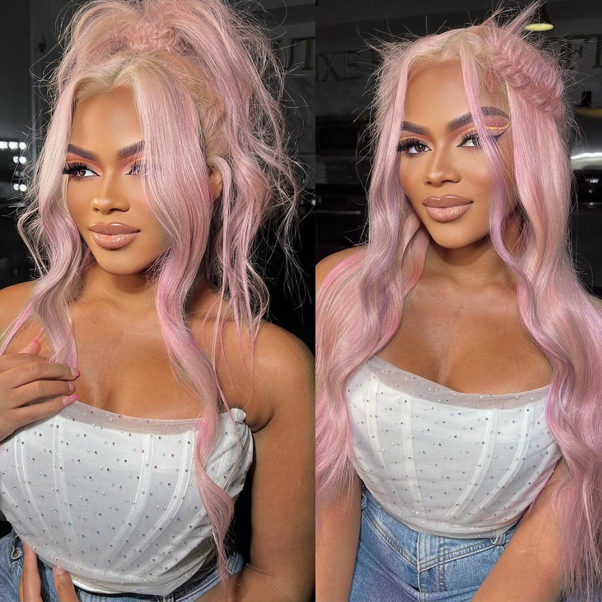 MITIMES MITIMES Pink Wigs Glueless HD Lace Front Wigs Pre Plucked Synthetic Body Wave Wear And Go Lace Front Wig For Cosplay Party Light Pink Wig With Natural Hairline For Fashion Women