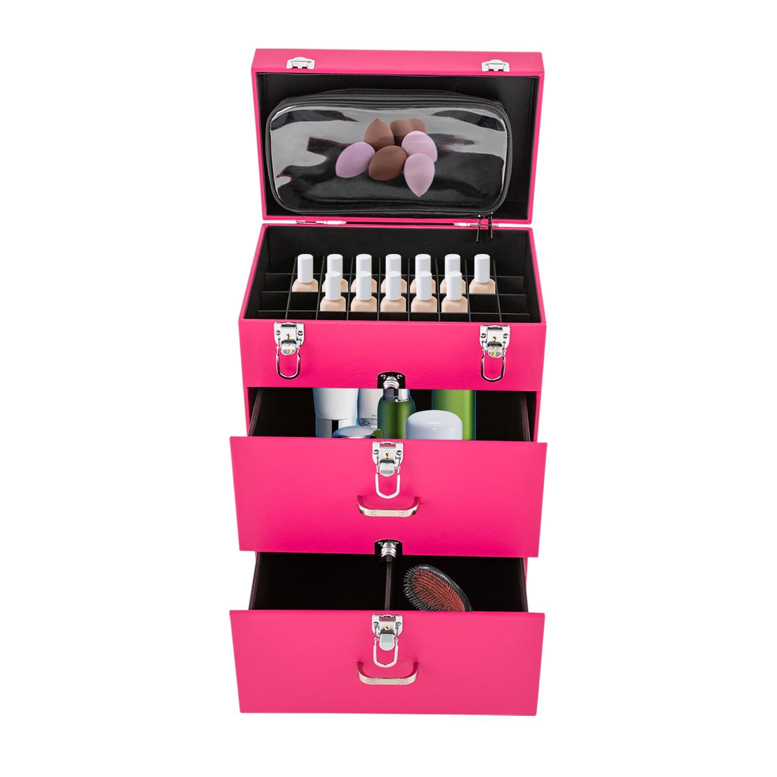 MELONGKAYLON MELONGKAYLON Rolling Makeup Case, Pro Cosmetic Trolley Case Travel Cosmetic w/ 4 Wheel Nail Polish Organizer Storage for Hairstylist Makeup Nail Tech Salon, Traveling Cart Trunk (Pink)