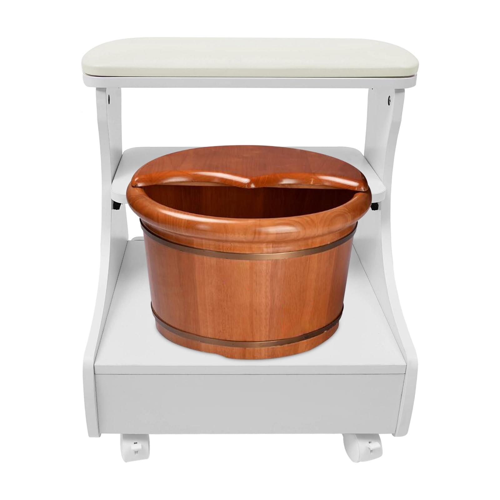 FFanhia FFanhia Portable Pedicure Cart with Wheels and Drawer, Foot Bath Stool with Shelf for Manicure Massage Salon - White