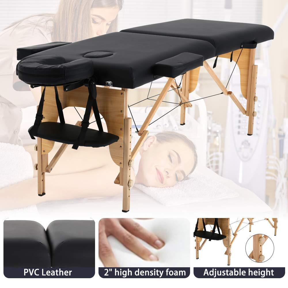 Dkelincs Portable Massage Table Massage Bed Folding 84 Inch Height Adjustable 2 Fold Lash Bed with Carry Case PU Leather Professional Spa Salon Tattoo Facial Bed with Face Cradle, Hold Up to 450Lbs, Black