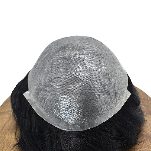 Hair Wonders Hair Wonders Mens Toupee V-looped Hairpieces For Men European Human Hair Replacement System Thin Skin Hair Pieces For Men Protesis Capilar Para Hombre 8X10#1 Jet Black 100% Density