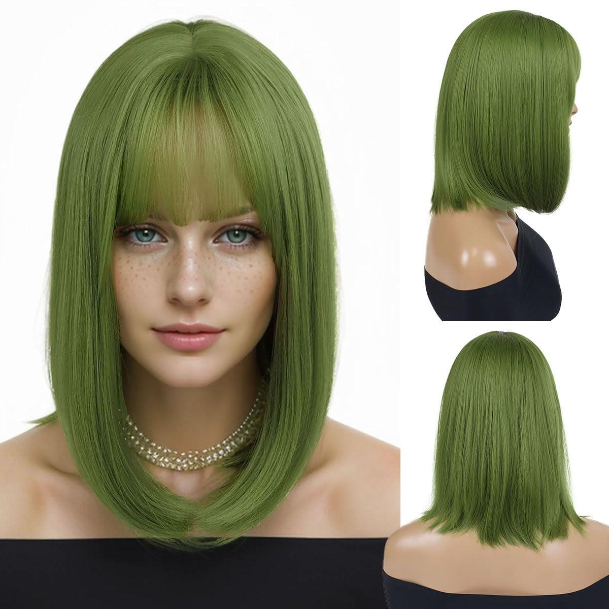GNIMEGIL GNIMEGIL 16 inches Green Wig Cosplay with Bangs Trendy Short Straight Hair Costume Wig for Women Halloween Carnival Party Wig Heat Resistant Synthetic Fiber