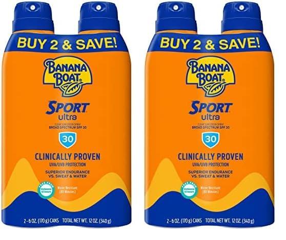 Banana Boat Banana Boat Sport Ultra SPF 30 Sunscreen Spray Twin Pack | Banana Boat Sunscreen Spray SPF 30, Spray On Sunscreen, Water Resistant Sunscreen, Oxybenzone Free Sunscreen Pack, 6oz each (Pack of 2)