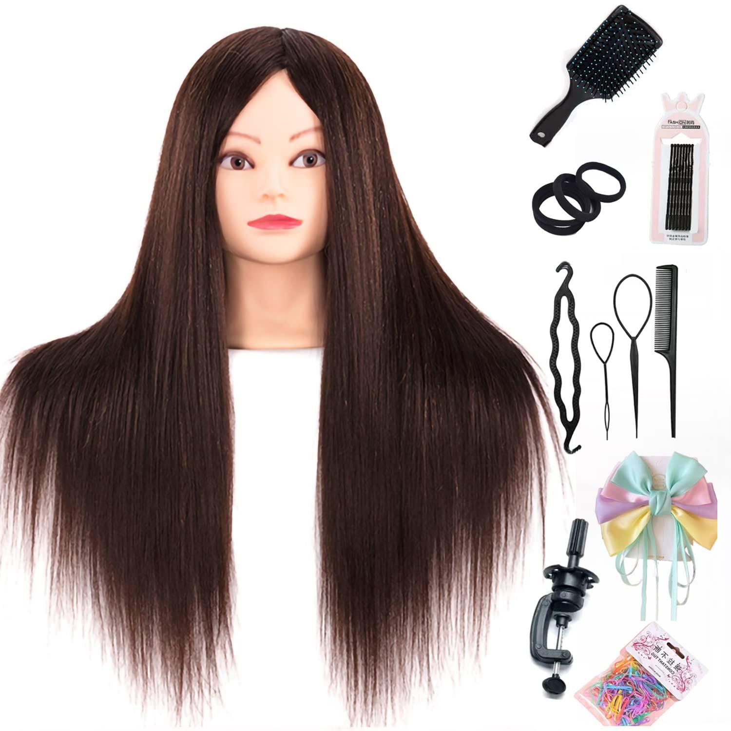 Pykisfp Mannequin Head with 60% Real Hair, Hairdresser Practice Training Head Cosmetology Manikin Doll Head with 9 Tools and Desktop Stand, Air Cushion Comb,Makeup On (Brown)