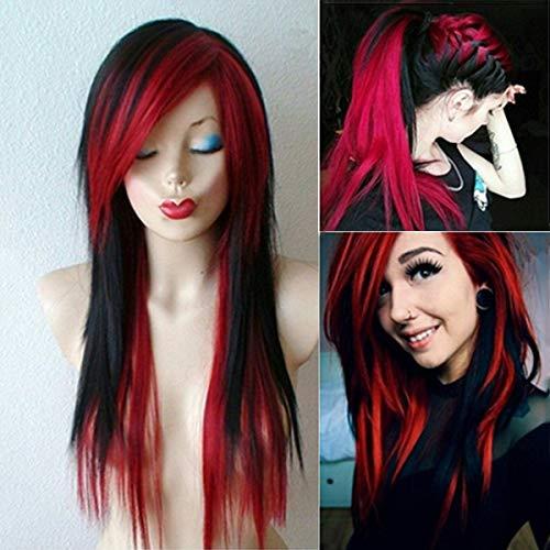 Baruisi Baruisi Long Red Black Wig Silky Straight Synthetic Heat Resistant Side Bangs Halloween Costume Hair Wigs for Women