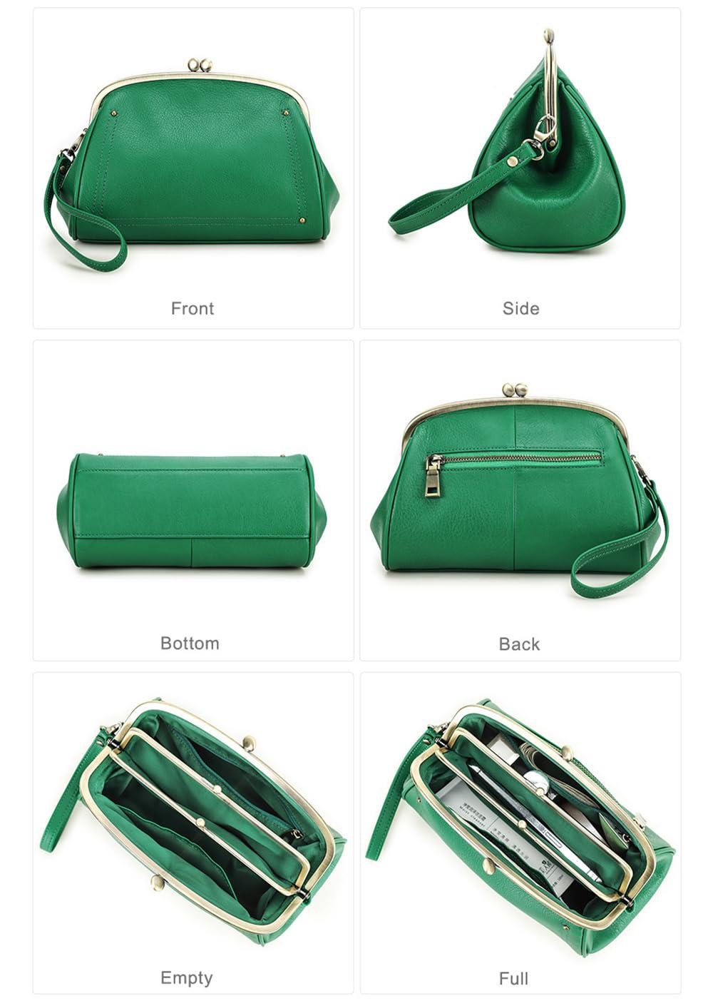 ZBOLI Cosmetic Bag for Woman,Kiss Lock Clutch Bag Genuine Leather Evening Bag Kiss Clasp Wrist Wallet Vitange Handbag (RED)