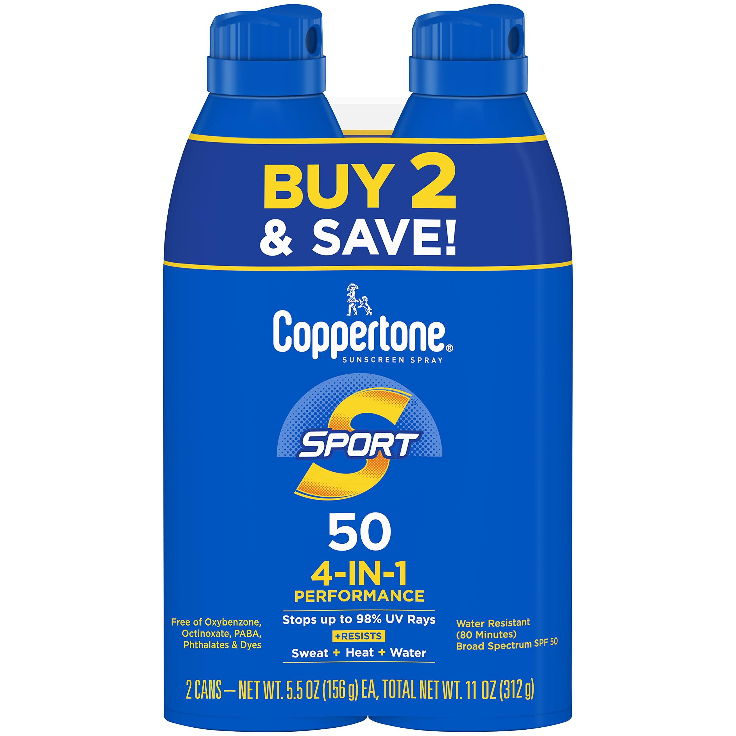 Coppertone Coppertone Sport Sunscreen Spray SPF 50, Water Resistant Spray Sunscreen Pack, 5.5 Oz, Pack of 2 (Packaging May Vary)