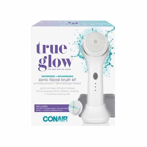 Conair Conair True Glow Sonic Facial Brush Kit, Waterproof and Rechargeable with 2 Brush Heads and Cosmetic Storage Pouch