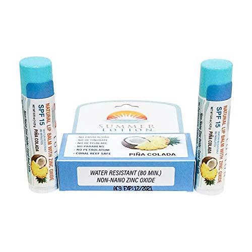 Summer Lotion Natural Lip Balm with Zinc Oxide Sunblock by Summer Lotion, SPF 15 Lip Sunscreen 2-Pack, Water Resistant Chapstick, SPF Lip Protection for Everyone, (Pina Colada)