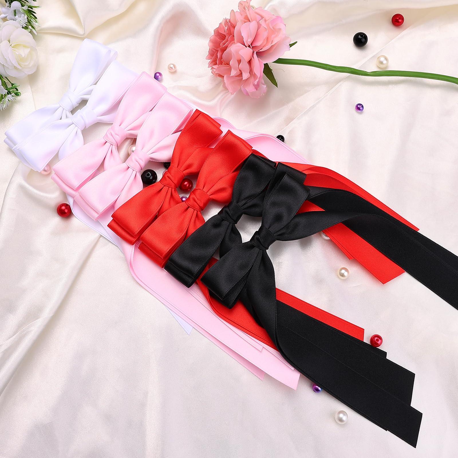 TOKUFAGU 20PCS Red Hair Bows for Women, Hair Ribbons for Girls Hair, 12PCS Long Tassel Bowknot Ponytail Holder and 8PCS Short Tail Hair Clips, Solid Silky Hair Barrettes Satin Hair Accessories