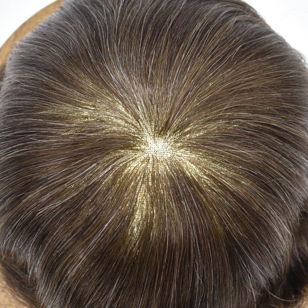 DR Hair Men Hair System Swiss Lace Mens Toupee Real Human Hair Piece For Men Hair Replacement System For Men Toupee For Men Hair Piece For Men 8x10 Medium light density #330 3# DARK BROWN+30% GREY