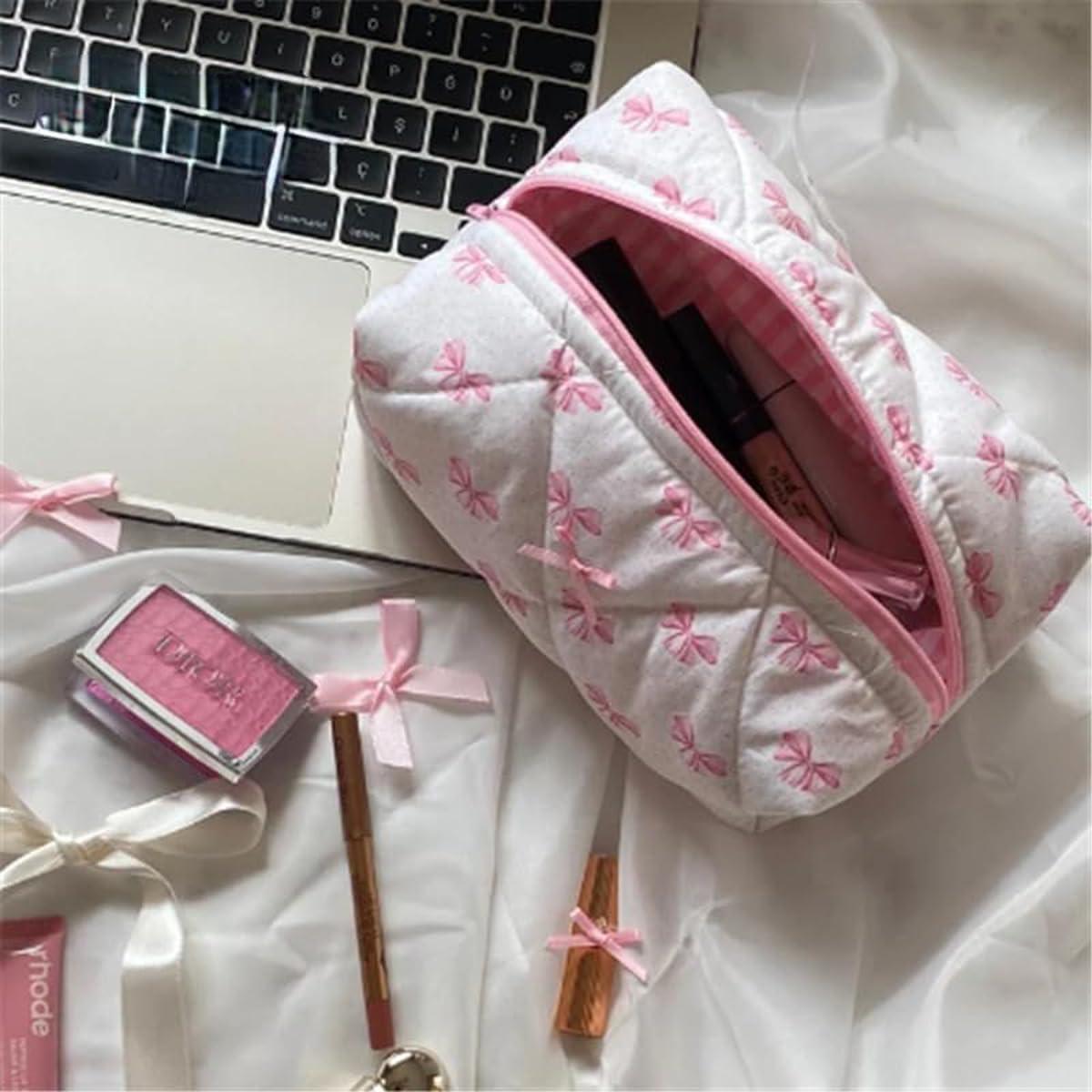 Haojinli Coquette Bow Y2k Makeup Bag, Cute Quilted Make Up Pouch Small Preppy Floral Cosmetic Bag, Toiletry Organizer Bag for women and girl (A)