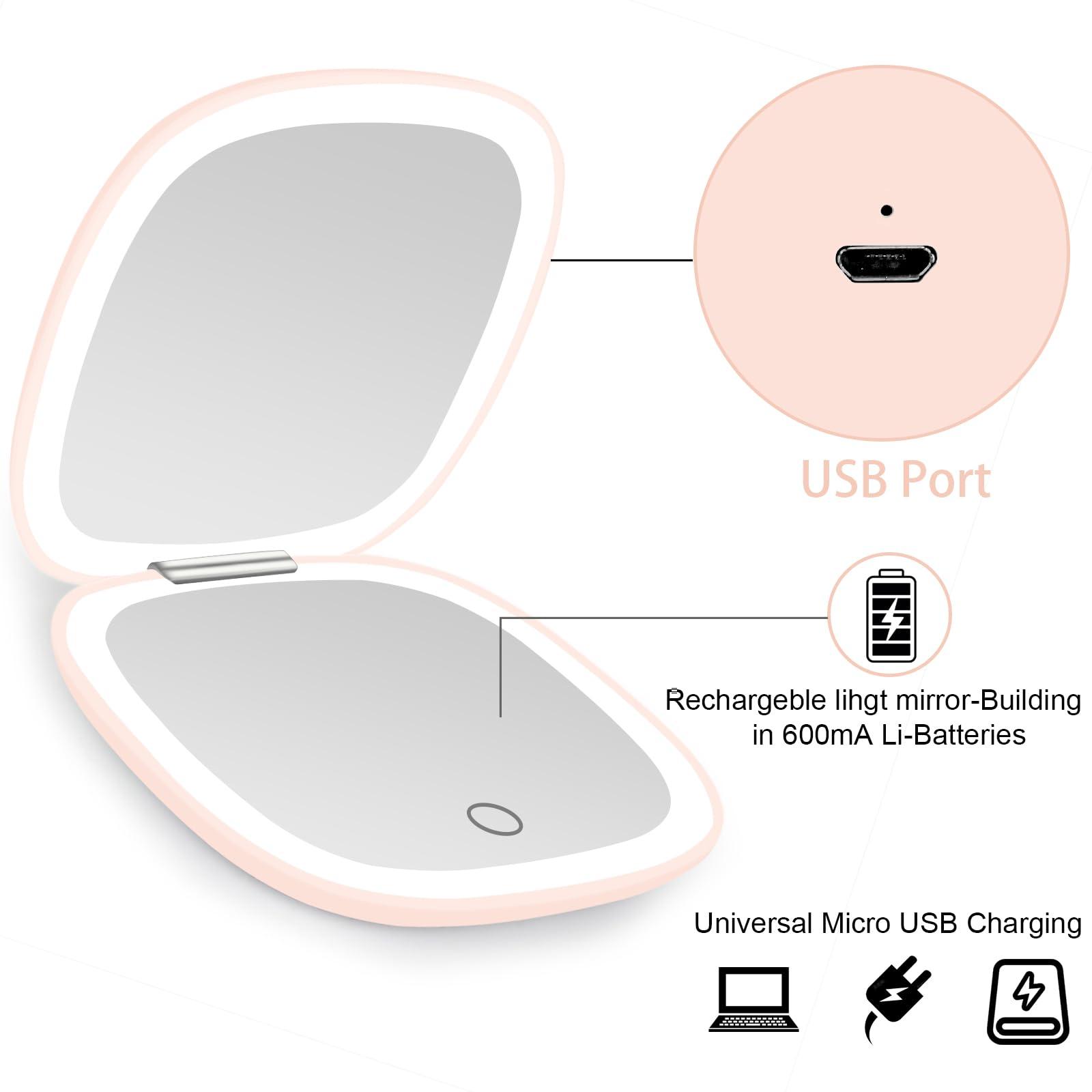 deweisn deweisn Compact Mirror, Lighted Travel Makeup Mirror with 1X/10X Magnifying Double Sided Dimmable Portable Pocket Mirror for Handbag and Pocket, USB Charging(Pink)
