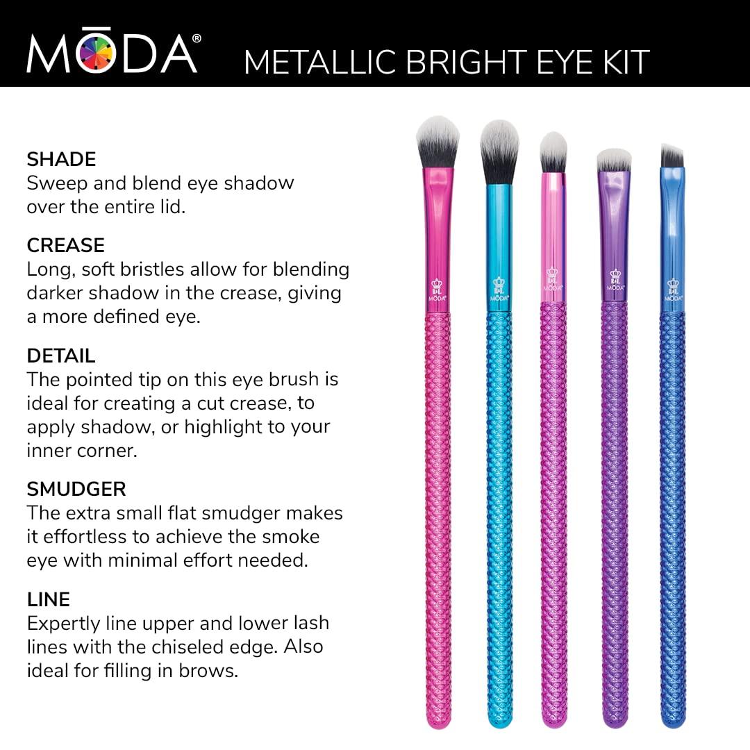 MODA MODA Pro 5pc Deluxe Eye Makeup Brush Kit, Includes - Shader, Crease, Detail, Smudger, and Liner Brushes (Multi-Colored Metallic)