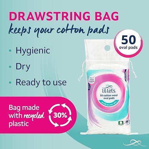 Lil-Lets Lil-Lets Cotton Wool Oval Pads, Certified Organic, 100% Pure Cotton Wool, Extra Large, Soft and Absorbent, Gentle on Skin, Dermatologically Tested, Pack of 50 Oval Pads