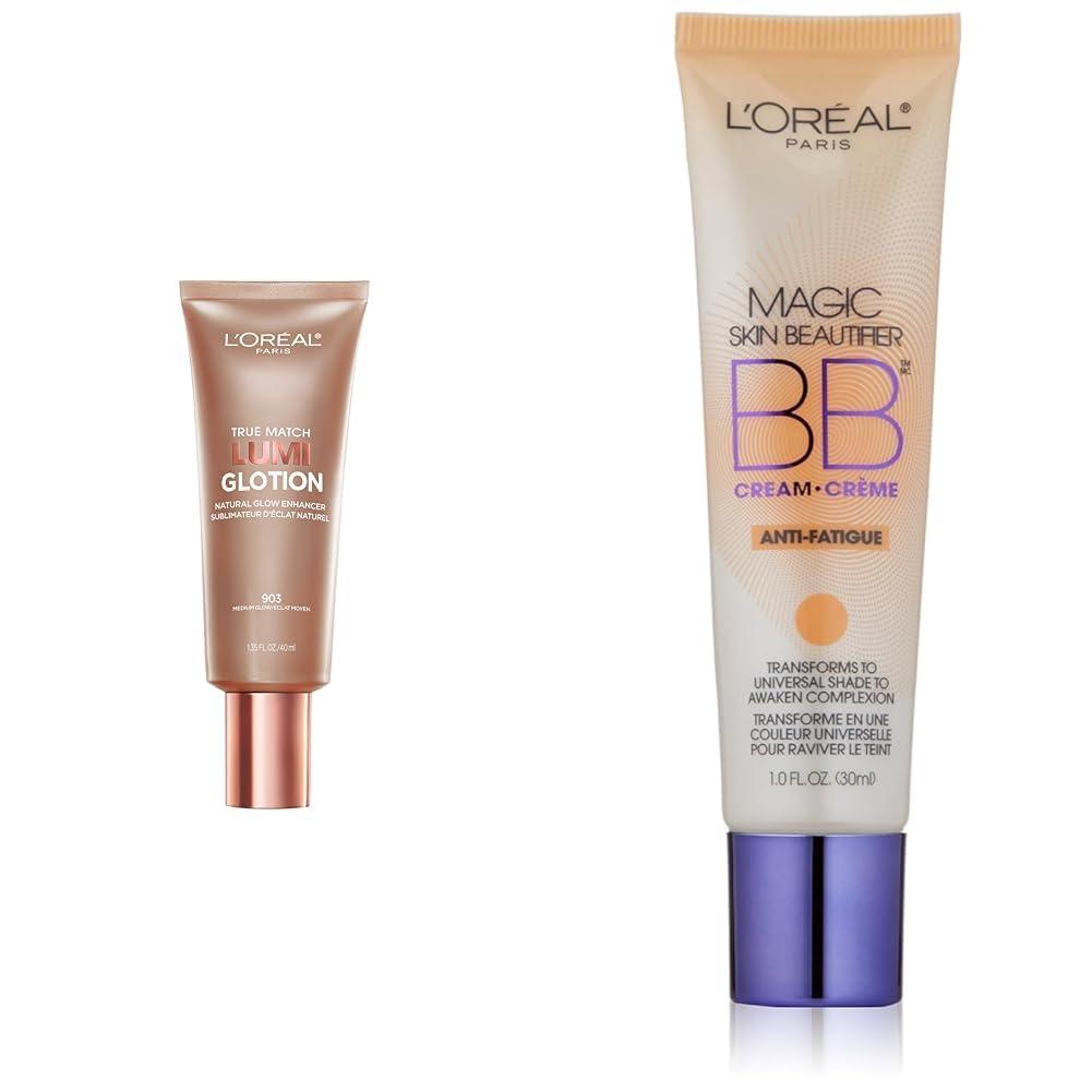 LOral Paris L\'Oreal Paris Makeup True Match Lumi Glotion Natural Glow Enhancer, Illuminator Highlighter Skin Tint, 1.35 oz and Magic Skin Beautifier BB Cream Tinted Moisturizer, 1 oz